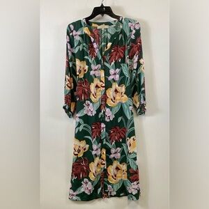 LOFT Green Floral Midi Dress with Yellow & Pink Blooms
